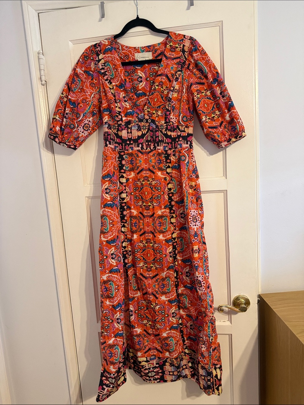 Anthropologie Boho Orange ikat Printed Midi Dress puff sleeve size 6